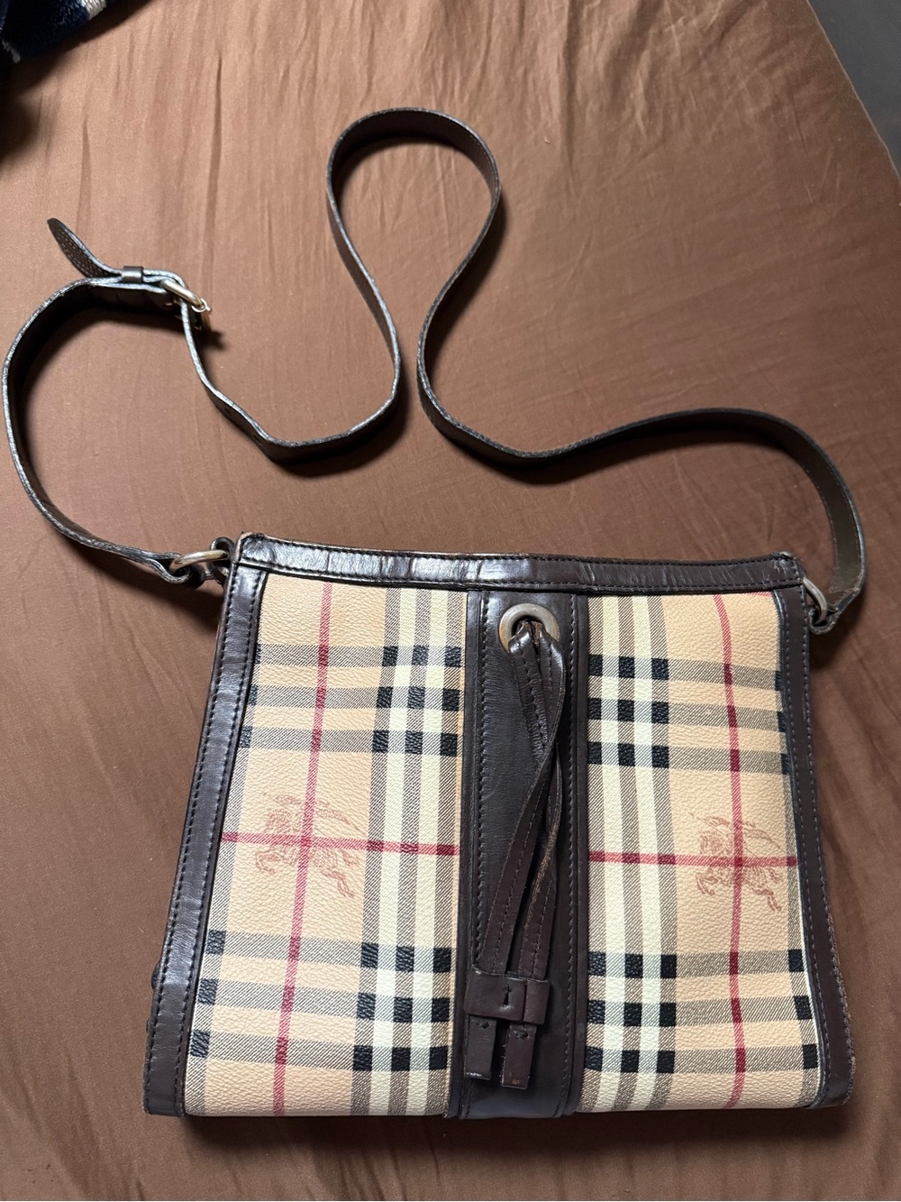 Burberry Beige Check Crossbody with Dark Brown Trim